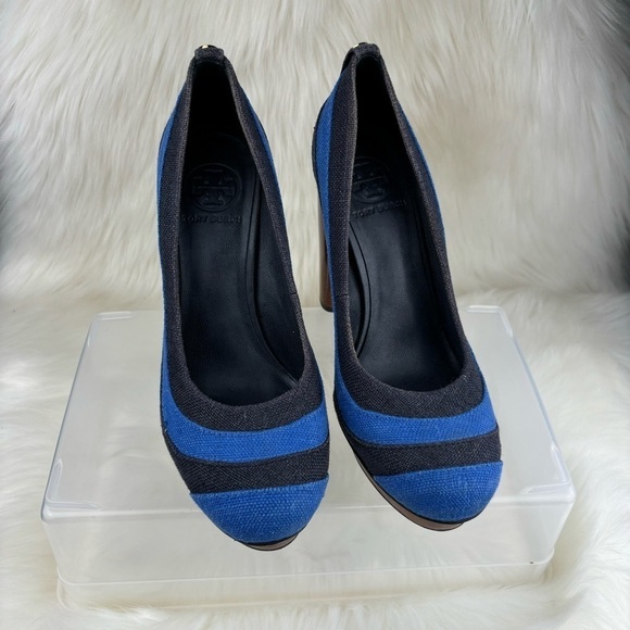 TORY BURCH JOELLE BLUE STRIPE WOOD PLATFORMS PUMPS - Picture 1 of 14